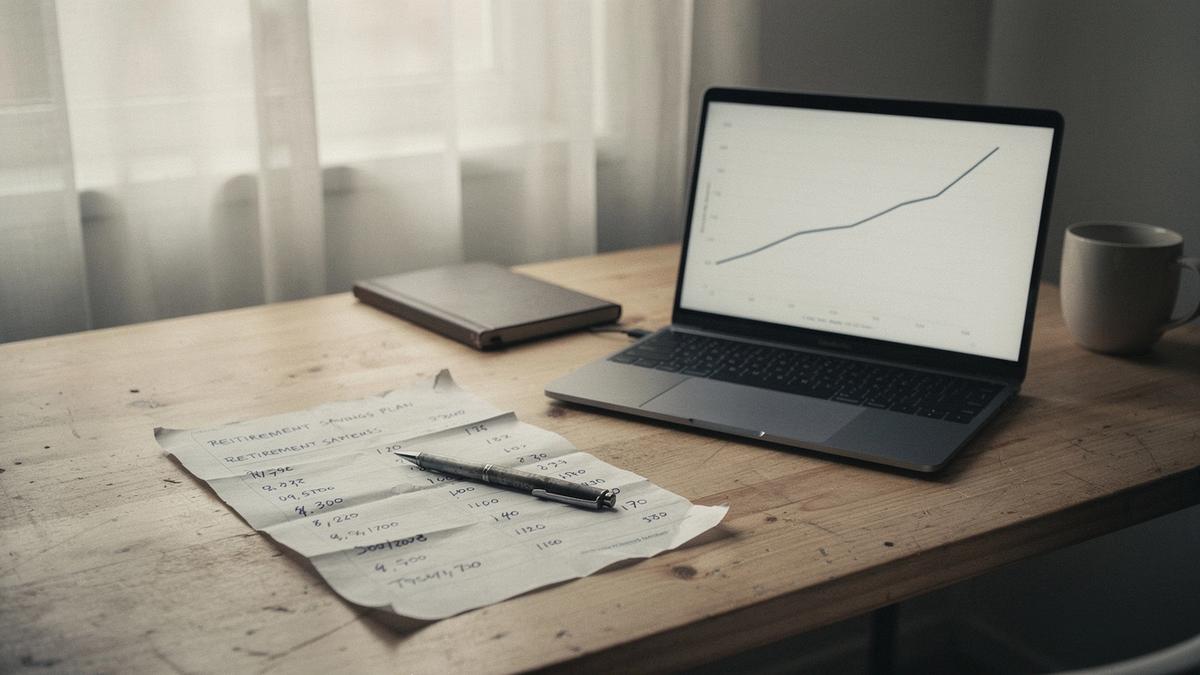 Desk with a written retirement plan, a pen and a laptop showing a simple growth line chart in morning light