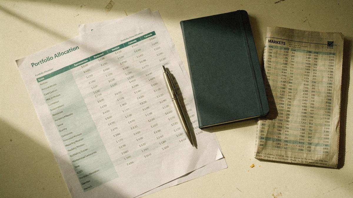 Printed asset allocation tables, a notebook and a pen on a desk