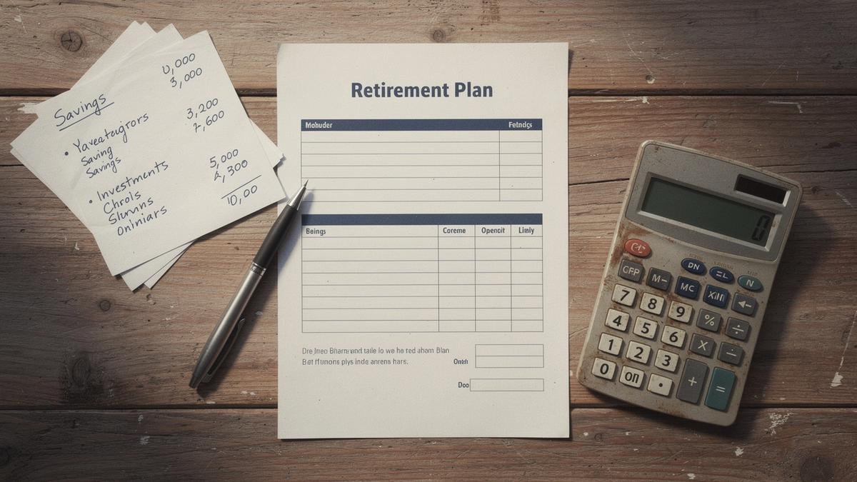 Printed retirement plan on a desk beside a calculator and handwritten notes
