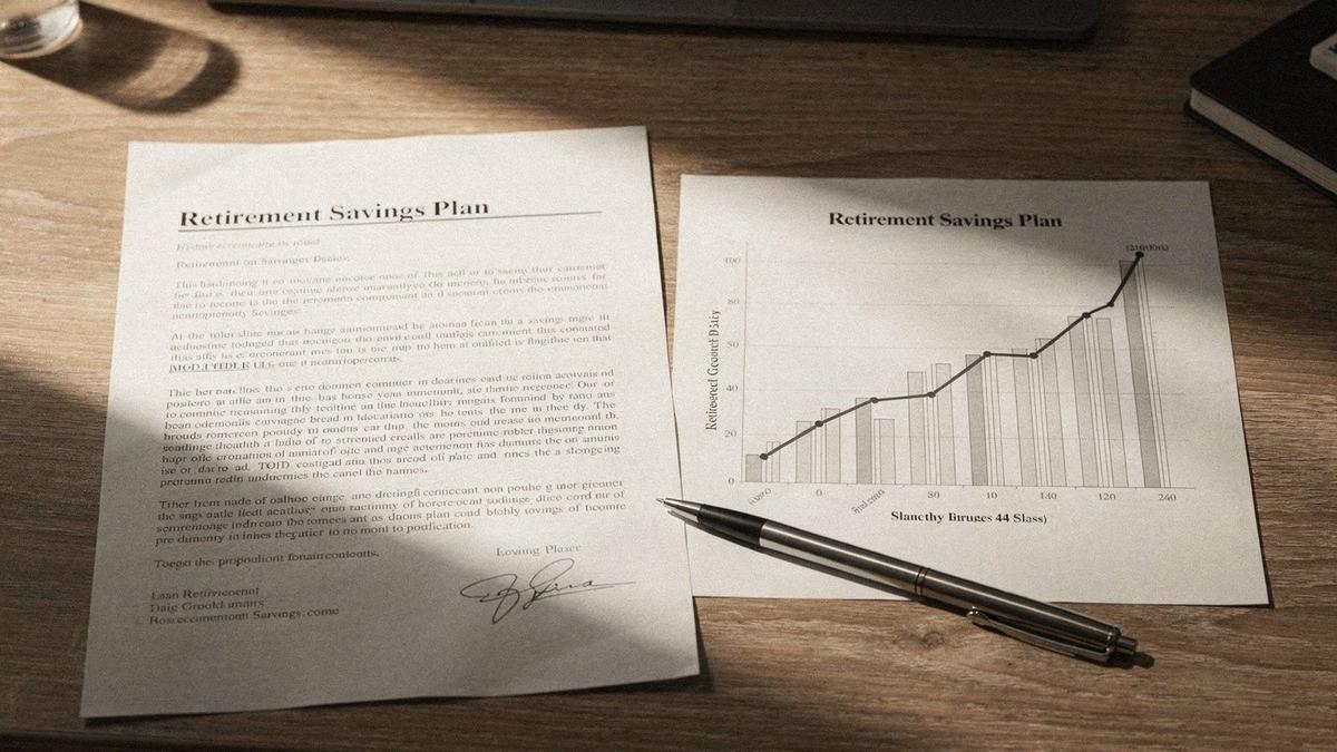 A written retirement plan on paper beside a printed chart of long-term account growth