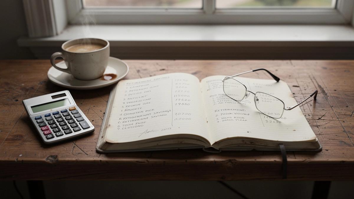 Notebook with handwritten savings notes beside a calculator and reading glasses on a desk
