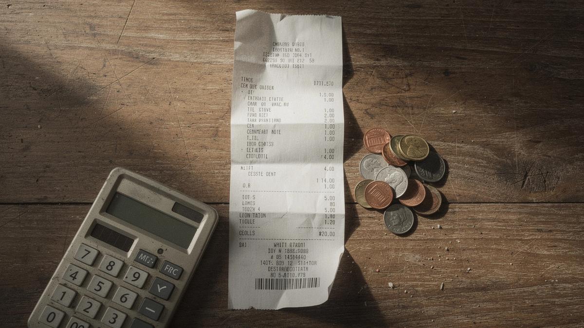 Paper grocery receipt, loose coins, and a calculator on a wooden table