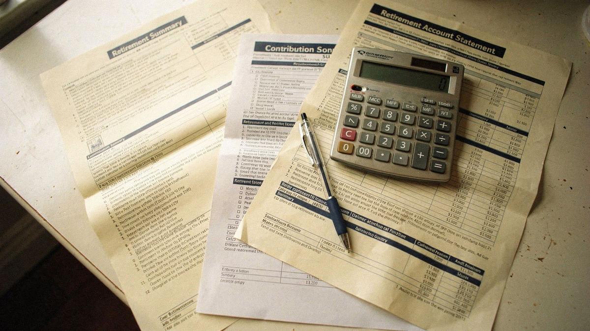 Retirement statements and a calculator spread across a kitchen table
